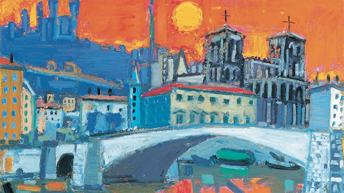 Lyon, le pont Bonaparte et Saint-Jean, circa 1985, Huile sur toile, 89 x 116 cm / Musée Jean Couty (détail)
